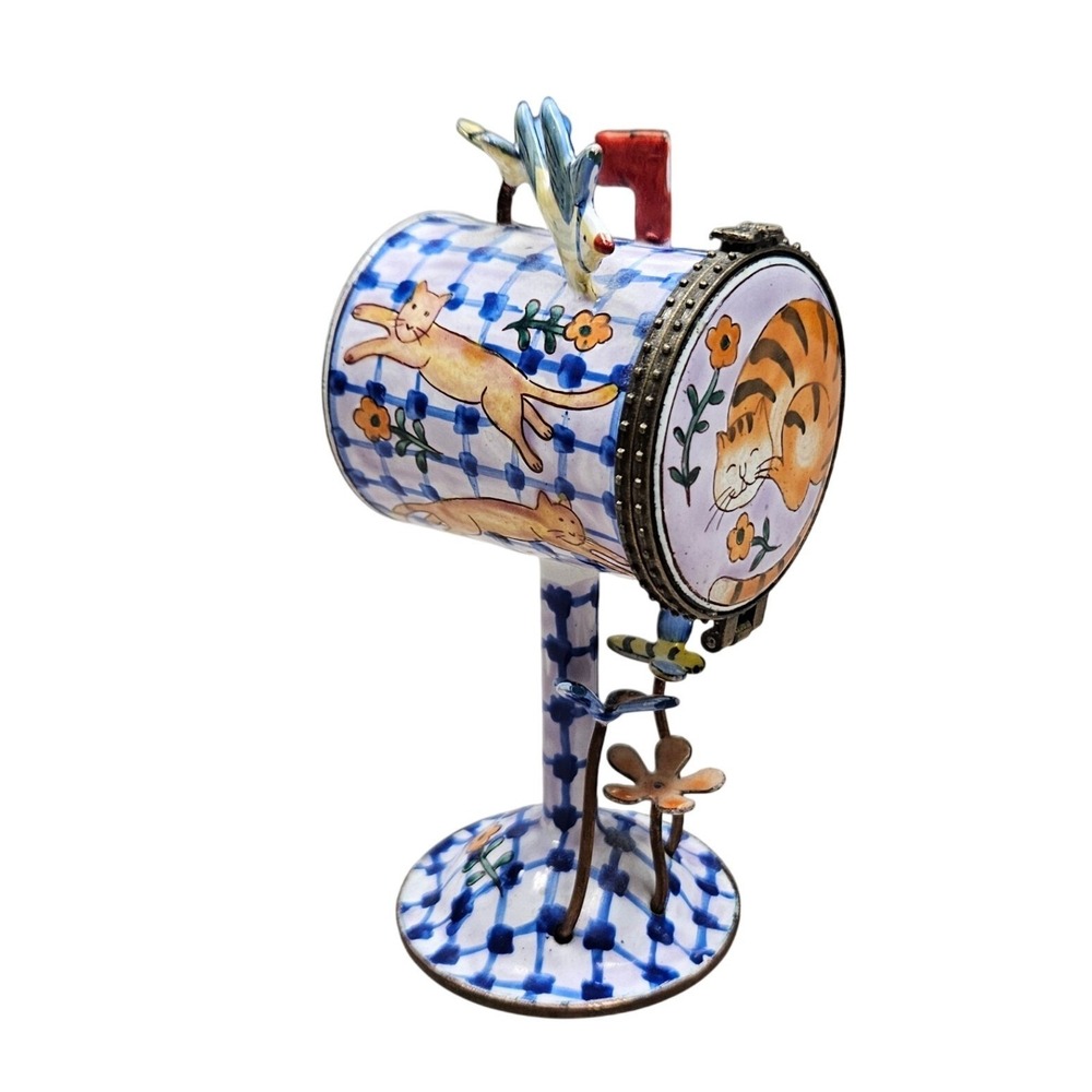 Kelvin Chen Stamp Mailbox Figurine‎ Blue Cat Lover Enamel Copper Miniature